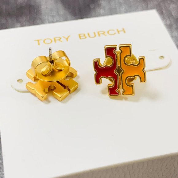 TORY BURCH Earrings • Gold Red Logo Mustard Yellow Earrings - Picture 2 of 13